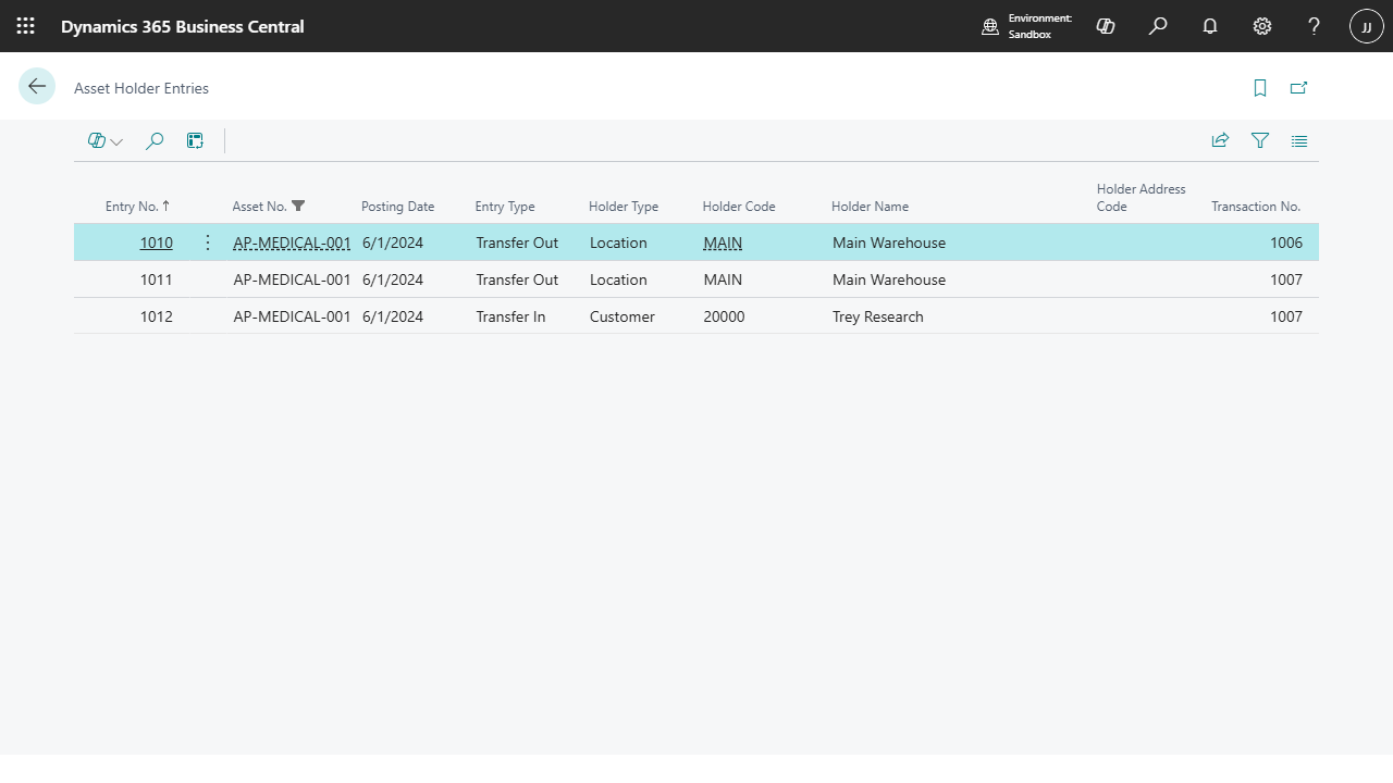 Asset holder entries list in Business Central