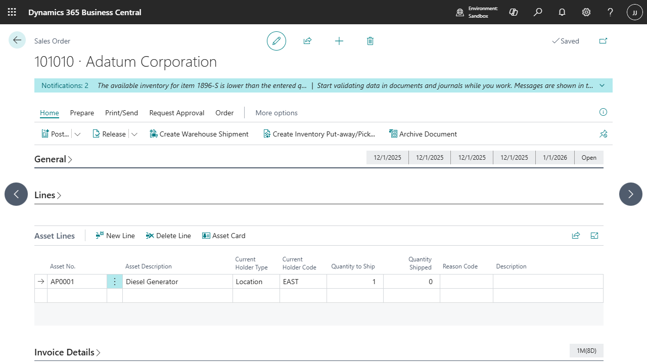 Sales order with linked asset in Business Central