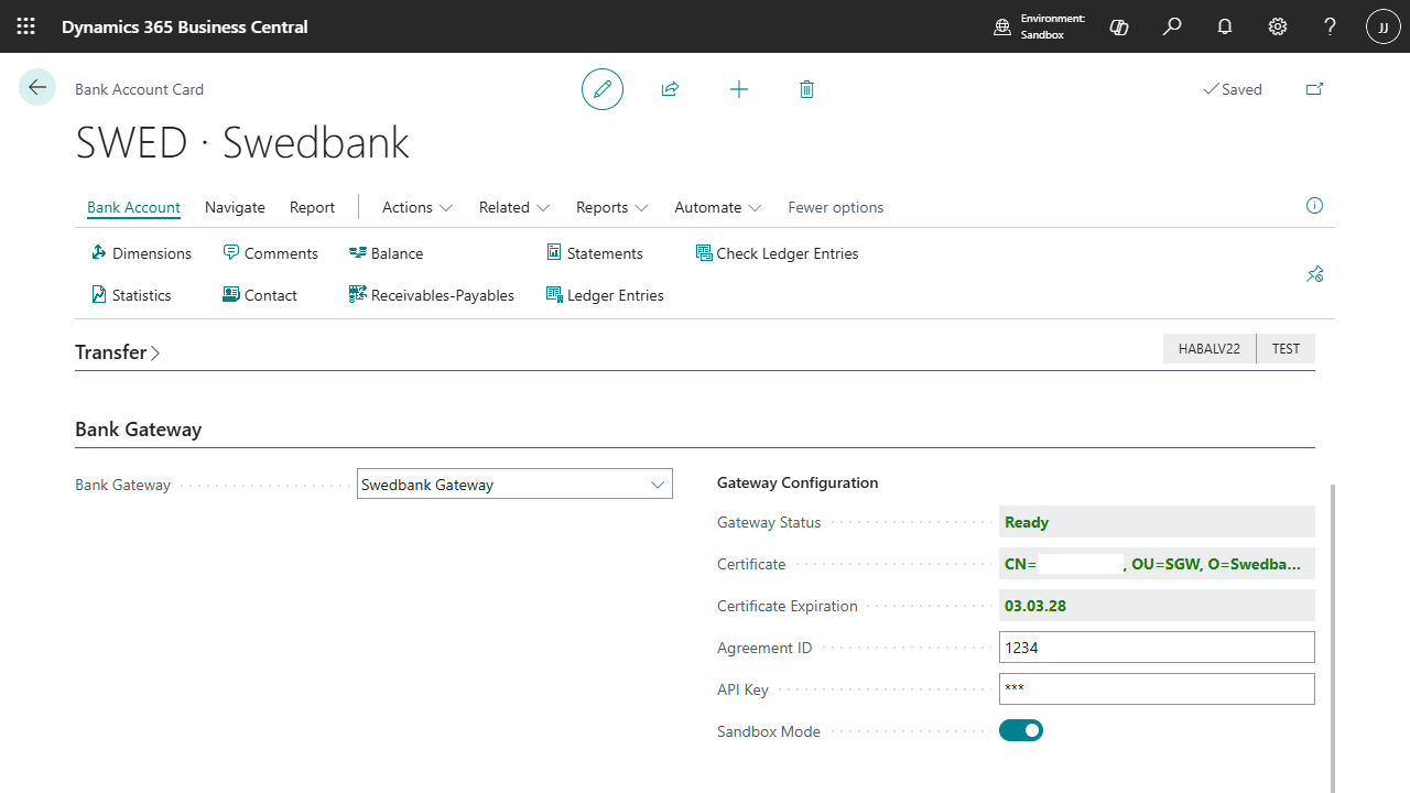 Bank Account Card - Bank Gateway configuration with Swedbank Gateway connection, certificate and Sandbox mode