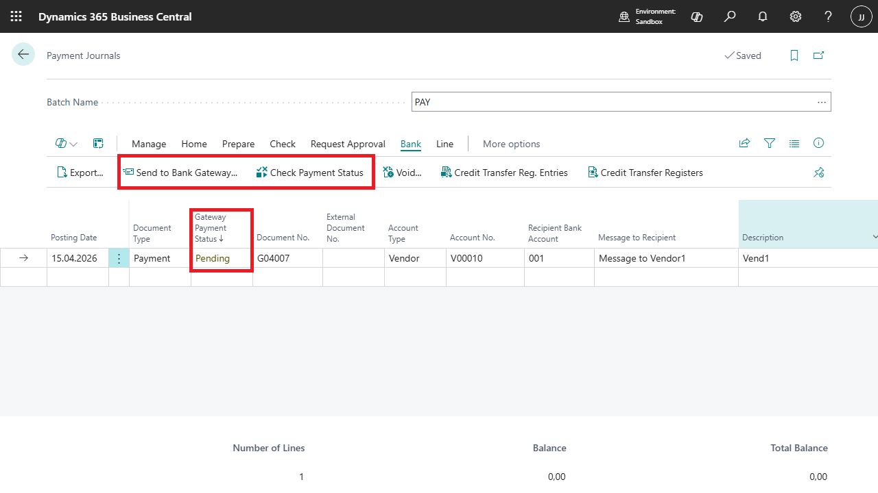 Payment Journal - Send payments via Bank Gateway and check payment status
