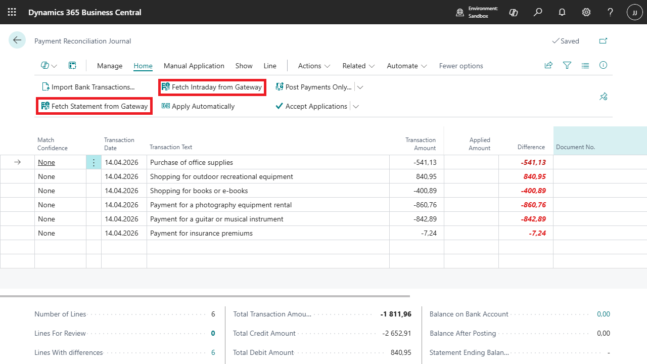 Payment Reconciliation Journal - Import bank transactions via Gateway