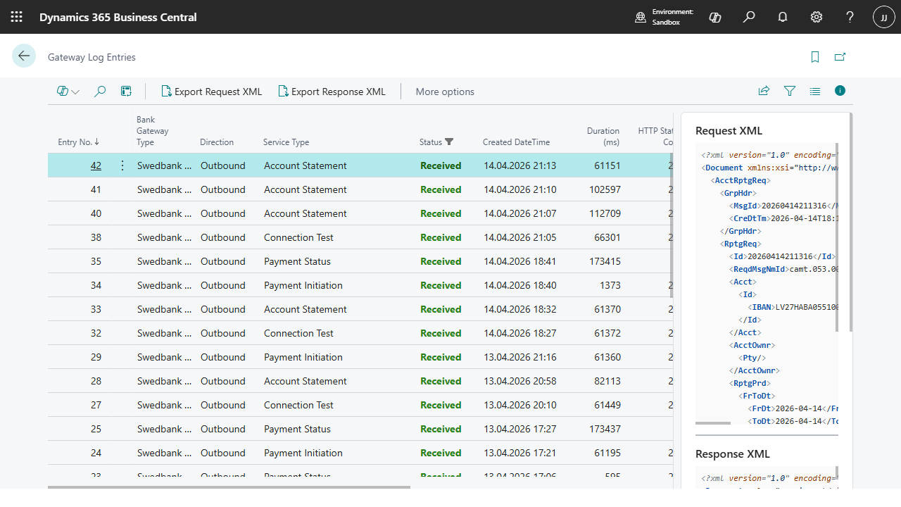 Gateway Log - Full API call audit trail with request and response XML