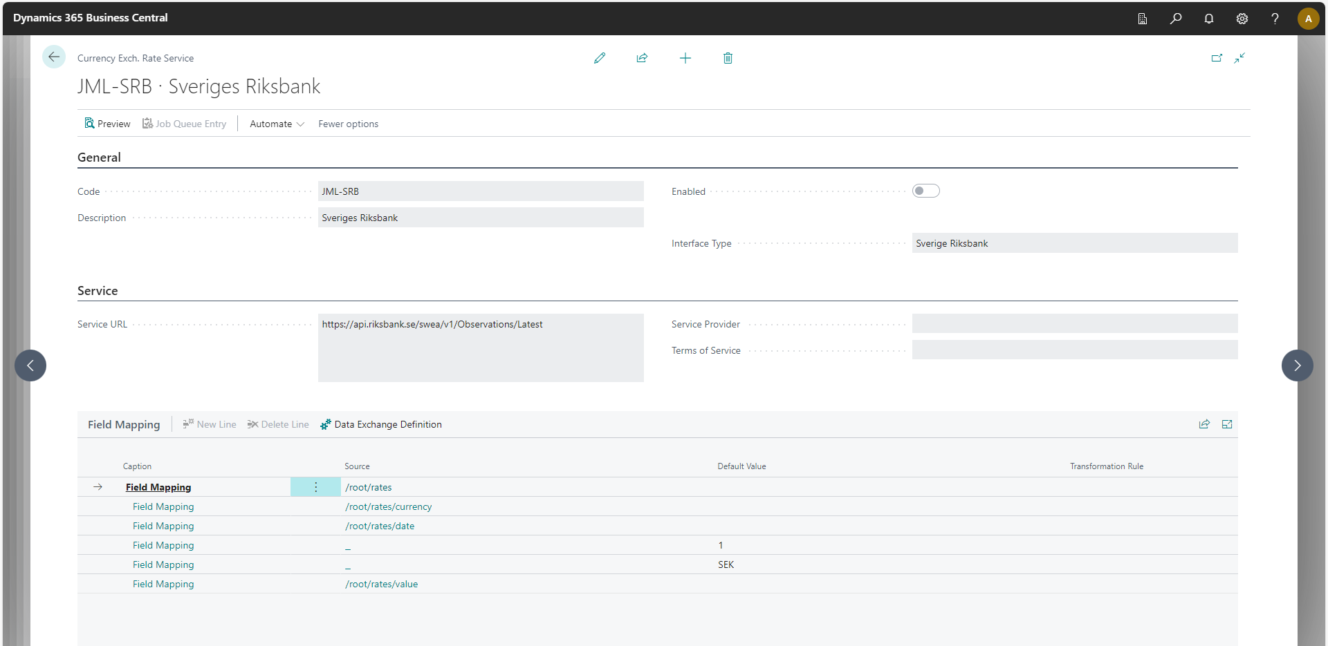 Currency Exchange Rate Service Configuration