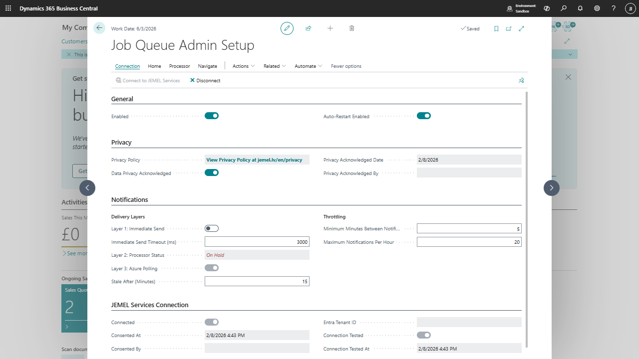 Job Queue Admin iestatīšanas lapa Business Central