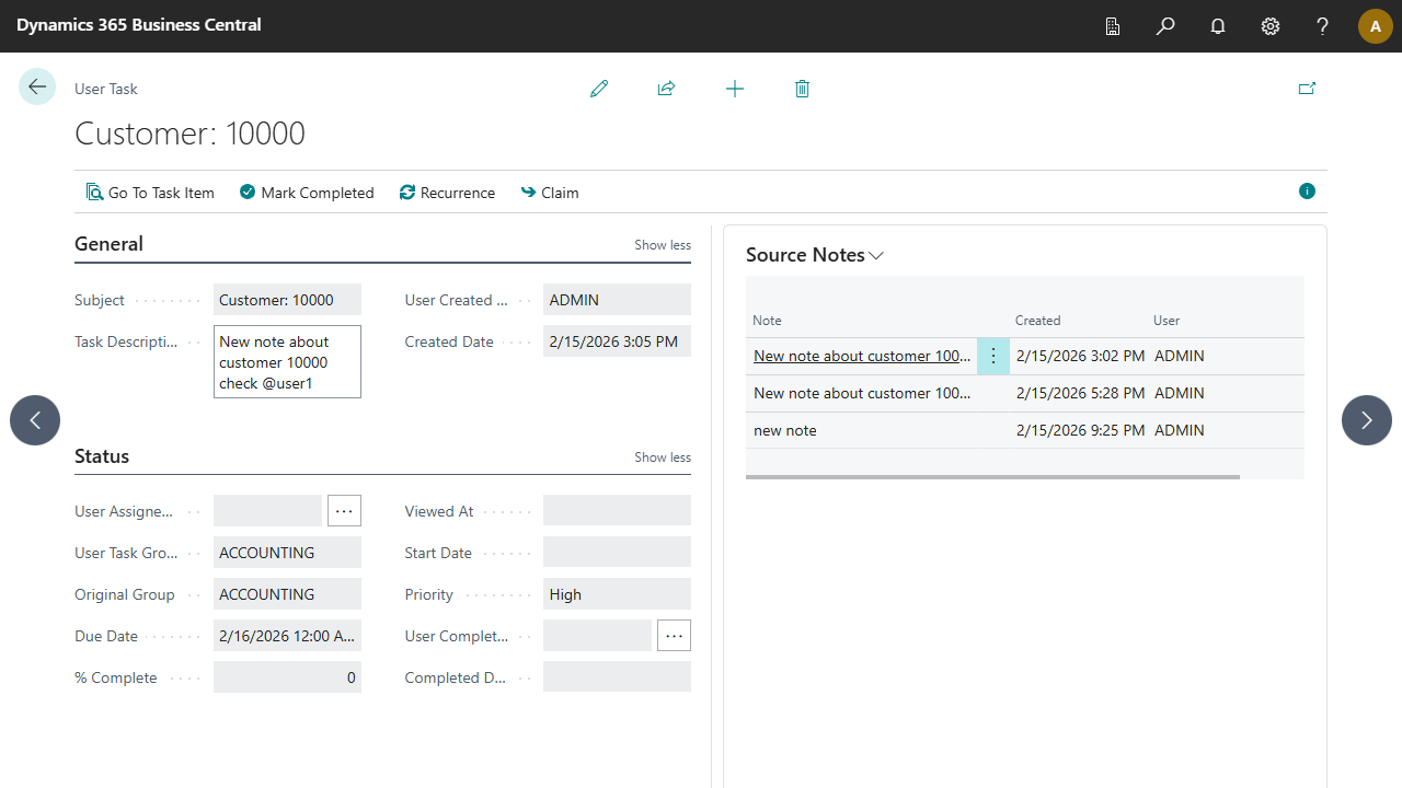 Uzdevuma Kartīte - Uzdevuma detaļas ar Avota Piezīmju FactBox